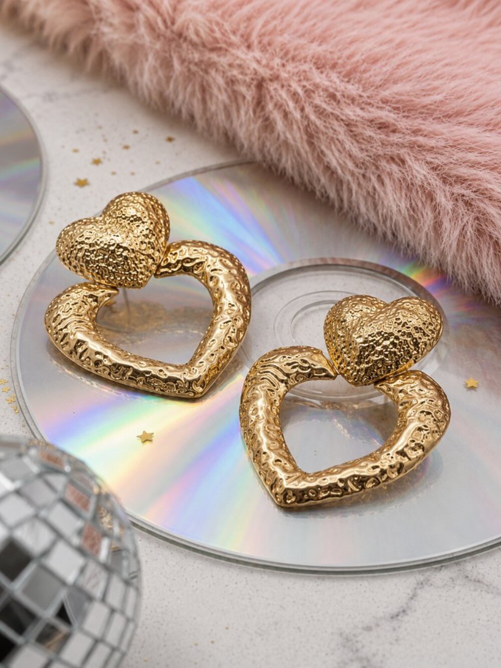 18K Gold Plated Hammered Double Heart Bold Stud Earrings Y2K Maximalist 2" Drop